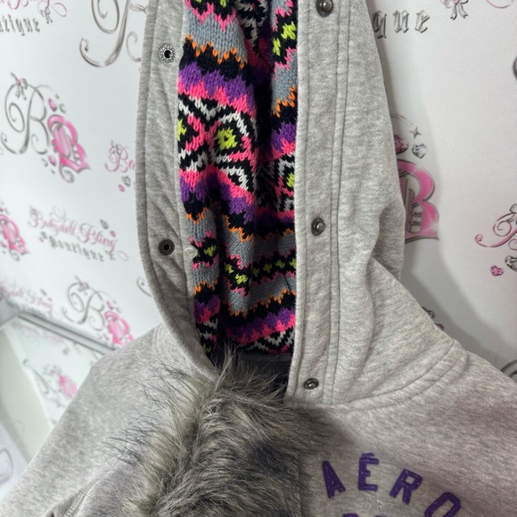 Aeropostale hoodie fur trim hood knit crochet neon inside hood zip up sweater - Picture 7 of 14